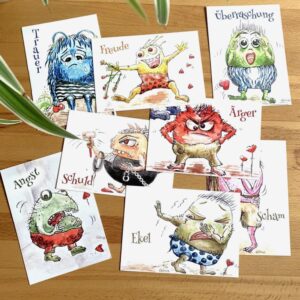 Postkartenset Monster der Gefühle; Gefühlemonster, Gefühlekarten als Therapietool, Aquarellmalerei, Kunstdruck