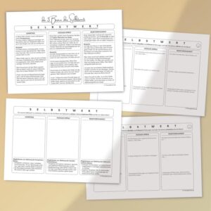 Therapiekram Arbeitsblätter Set um Thema Selbstwert: die drei Beine des Selbstwerts. Therapietools als PDF Sofortdownload.
