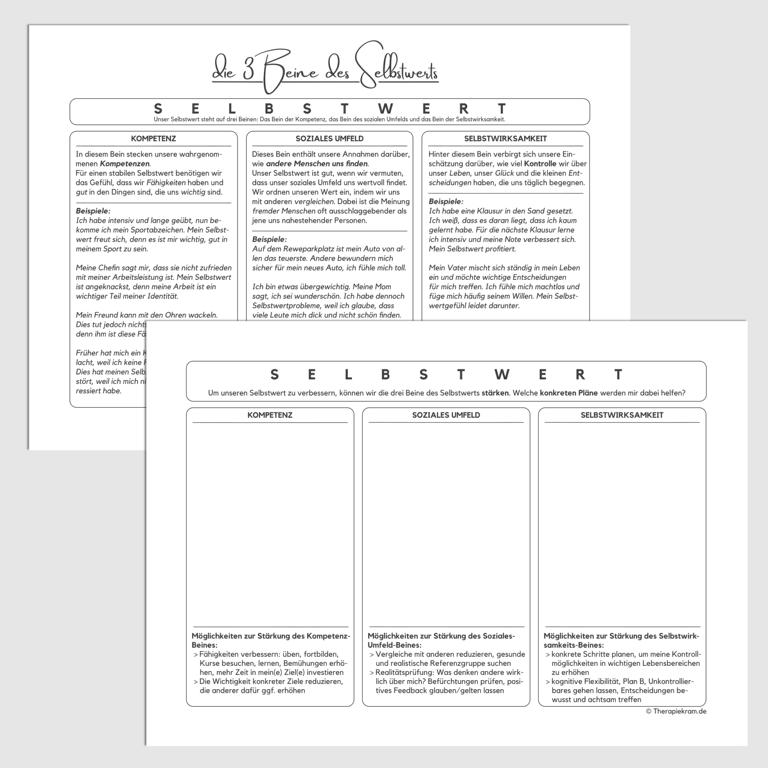 Therapiekram Arbeitsblätter Set um Thema Selbstwert: die drei Beine des Selbstwerts. Therapietools als PDF Sofortdownload. Therapiekram Arbeitsblätter Set um Thema Selbstwert: die drei Beine des Selbstwerts. Therapietools als PDF Sofortdownload.