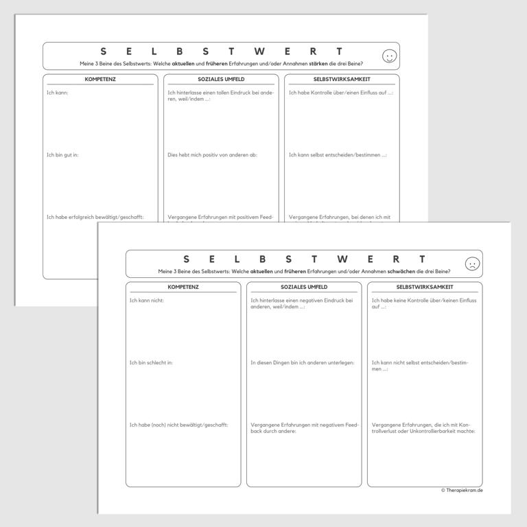 Therapiekram Arbeitsblätter Set um Thema Selbstwert: die drei Beine des Selbstwerts. Therapietools als PDF Sofortdownload. Therapiekram Arbeitsblätter Set um Thema Selbstwert: die drei Beine des Selbstwerts. Therapietools als PDF Sofortdownload.
