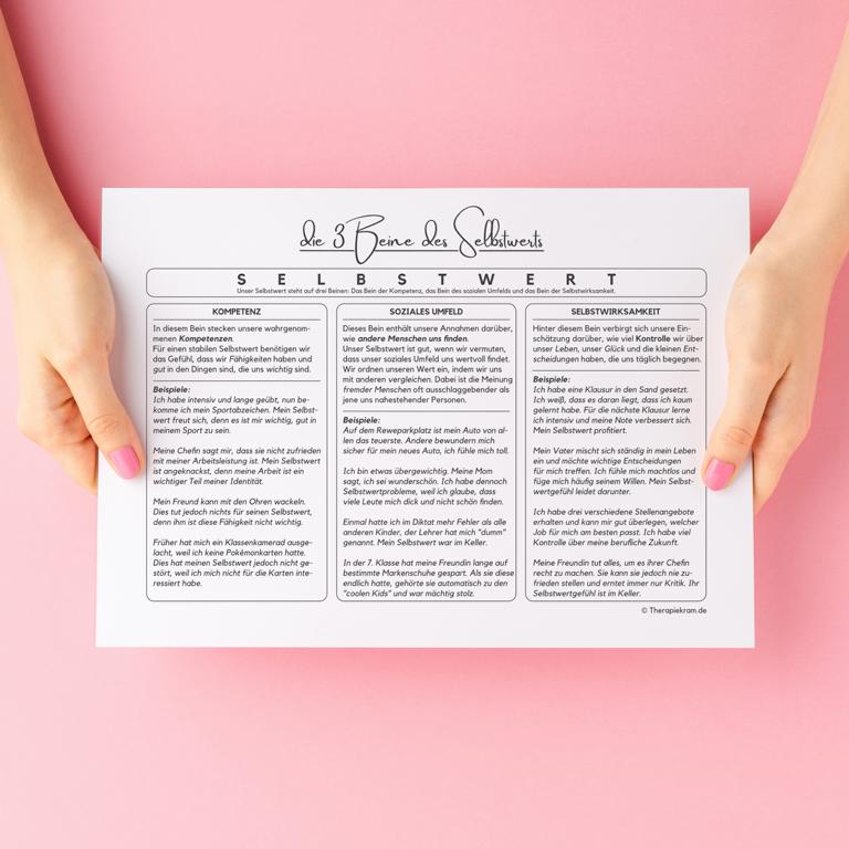 Therapiekram Arbeitsblätter Set um Thema Selbstwert: die drei Beine des Selbstwerts. Therapietools als PDF Sofortdownload. Therapiekram Arbeitsblätter Set um Thema Selbstwert: die drei Beine des Selbstwerts. Therapietools als PDF Sofortdownload.