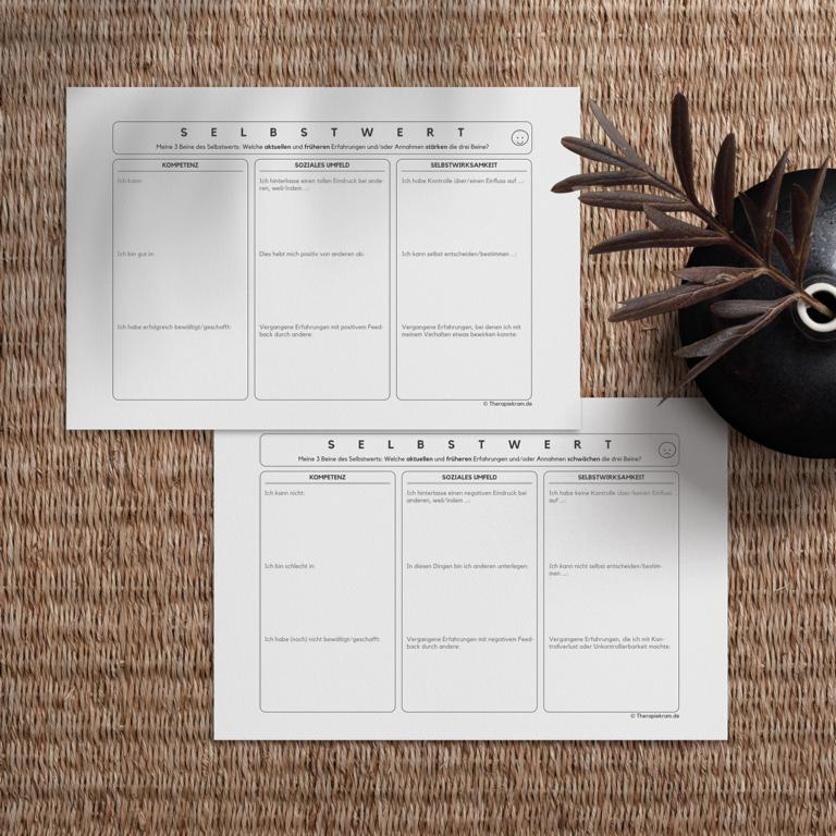 Therapiekram Arbeitsblätter Set um Thema Selbstwert: die drei Beine des Selbstwerts. Therapietools als PDF Sofortdownload. Therapiekram Arbeitsblätter Set um Thema Selbstwert: die drei Beine des Selbstwerts. Therapietools als PDF Sofortdownload.