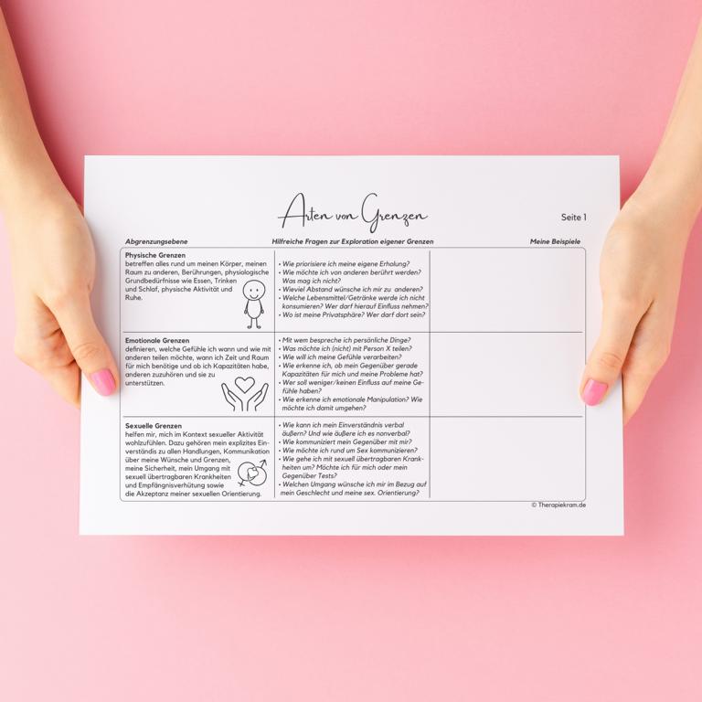 Therapiekram-Arbeitsblatt-Abgrenzung-Arten-von-Genzen-Therapietools (3) Therapiekram Arbeitsblatt Arten von Abgrenzung: Grenzen setzen, Abgrenzungsebenen, sexuelle Grenzen, physische Grenzen, emotionale Grenzen. Therapietools, PDF, Download.