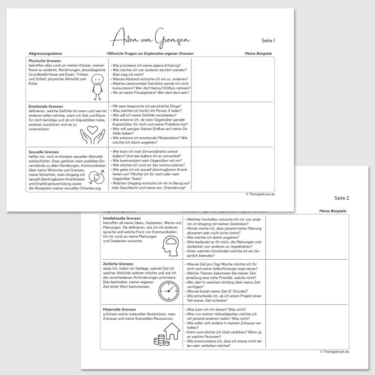 Therapiekram-Arbeitsblatt-Abgrenzung-Arten-von-Genzen-Therapietools (4) Therapiekram Arbeitsblatt Arten von Abgrenzung: Grenzen setzen, Abgrenzungsebenen, sexuelle Grenzen, physische Grenzen, emotionale Grenzen. Therapietools, PDF, Download.