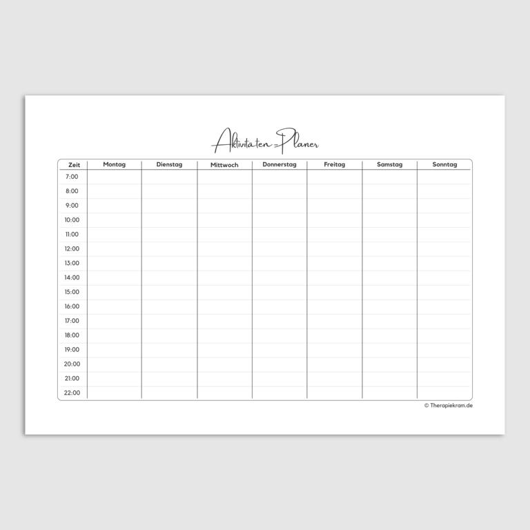 Therapiekram Arbeitsblatt: Aktivitäten-Planer. Therapietool zum Aktivitätsaufbau, Tagesstruktur, Selbstfürsorge, Etablierung neuer Gewohnheiten. Psychotherapie bei Depression, Burn-out, usw. PDF Sofortdownload. Therapiekram Arbeitsblatt: Aktivitäten-Planer. Therapietool zum Aktivitätsaufbau, Tagesstruktur, Selbstfürsorge, Etablierung neuer Gewohnheiten. Psychotherapie bei Depression, Burn-out, usw. PDF Sofortdownload.