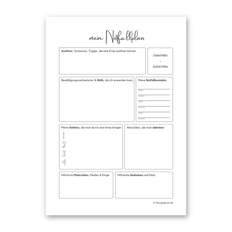Therapiekram Arbeitsblatt Notfallplan Therapietools Psychotherapie Krisenplan DBT Suizidgedanken Ressourcenaktivierung Therapiekram Arbeitsblatt Notfallplan Therapietools Psychotherapie Krisenplan DBT Suizidgedanken Ressourcenaktivierung