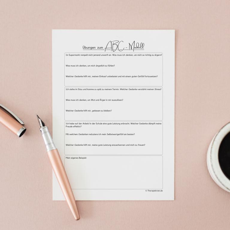 Das ABC-Modell nach Ellis. Therapietool bestehen aus drei Arbeitsblättern, die Auslöser, Bewertung und Konsequenz beschreiben. Psychoedukation für die kognitive Umstrukturierung, Verhaltenstherapie, Psychotherapie. Das ABC-Modell nach Ellis. Therapietool bestehen aus drei Arbeitsblättern, die Auslöser, Bewertung und Konsequenz beschreiben. Psychoedukation für die kognitive Umstrukturierung, Verhaltenstherapie, Psychotherapie.