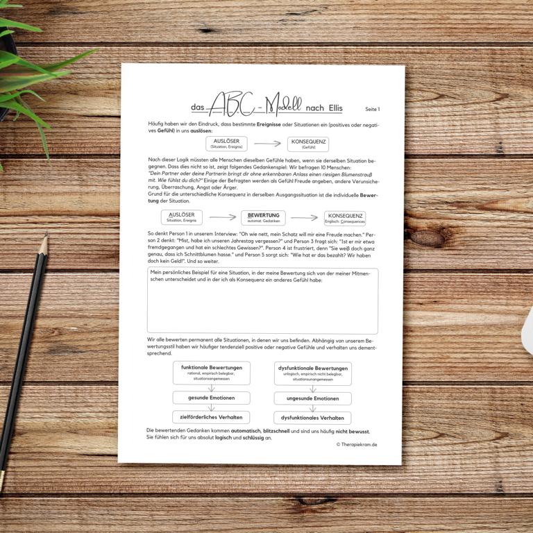 Das ABC-Modell nach Ellis. Therapietool bestehen aus drei Arbeitsblättern, die Auslöser, Bewertung und Konsequenz beschreiben. Psychoedukation für die kognitive Umstrukturierung, Verhaltenstherapie, Psychotherapie. Das ABC-Modell nach Ellis. Therapietool bestehen aus drei Arbeitsblättern, die Auslöser, Bewertung und Konsequenz beschreiben. Psychoedukation für die kognitive Umstrukturierung, Verhaltenstherapie, Psychotherapie.