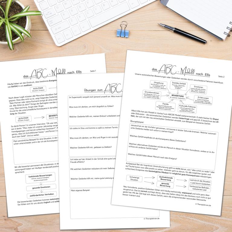 Das ABC-Modell nach Ellis. Therapietool bestehen aus drei Arbeitsblättern, die Auslöser, Bewertung und Konsequenz beschreiben. Psychoedukation für die kognitive Umstrukturierung, Verhaltenstherapie, Psychotherapie. Das ABC-Modell nach Ellis. Therapietool bestehen aus drei Arbeitsblättern, die Auslöser, Bewertung und Konsequenz beschreiben. Psychoedukation für die kognitive Umstrukturierung, Verhaltenstherapie, Psychotherapie.