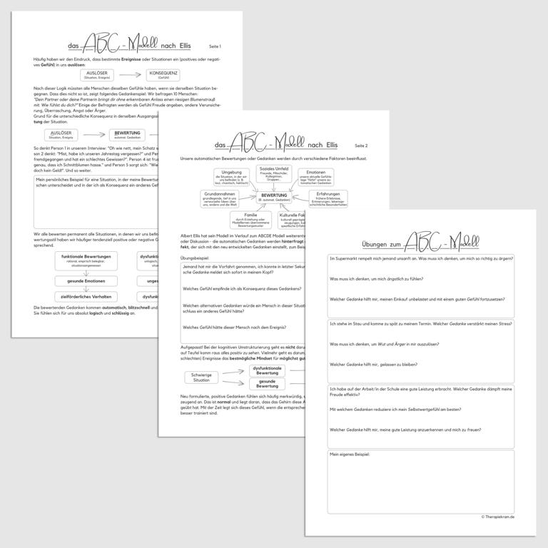 Das ABC-Modell nach Ellis. Therapietool bestehen aus drei Arbeitsblättern, die Auslöser, Bewertung und Konsequenz beschreiben. Psychoedukation für die kognitive Umstrukturierung, Verhaltenstherapie, Psychotherapie. Das ABC-Modell nach Ellis. Therapietool bestehen aus drei Arbeitsblättern, die Auslöser, Bewertung und Konsequenz beschreiben. Psychoedukation für die kognitive Umstrukturierung, Verhaltenstherapie, Psychotherapie.