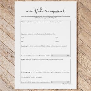 Therapiekram: Arbeitsblatt Verhaltensexperiment, Therapietool für kognitive Verhaltenstherapie, Psychotherapie.