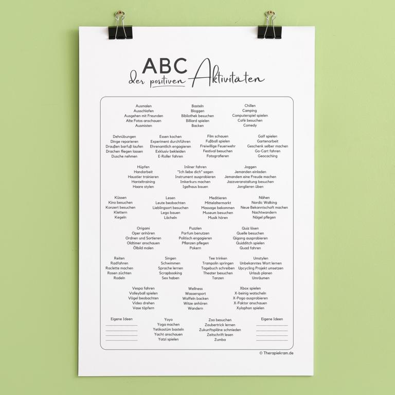 Therapiekram Arbeitsblatt: Liste positiver Aktivitäten. Psychotherapie, Aktivitätsaufbau, Ressourcenarbeit, Verhaltenstherapie. Therapiekram Arbeitsblatt: Liste positiver Aktivitäten. Psychotherapie, Aktivitätsaufbau, Ressourcenarbeit, Verhaltenstherapie.