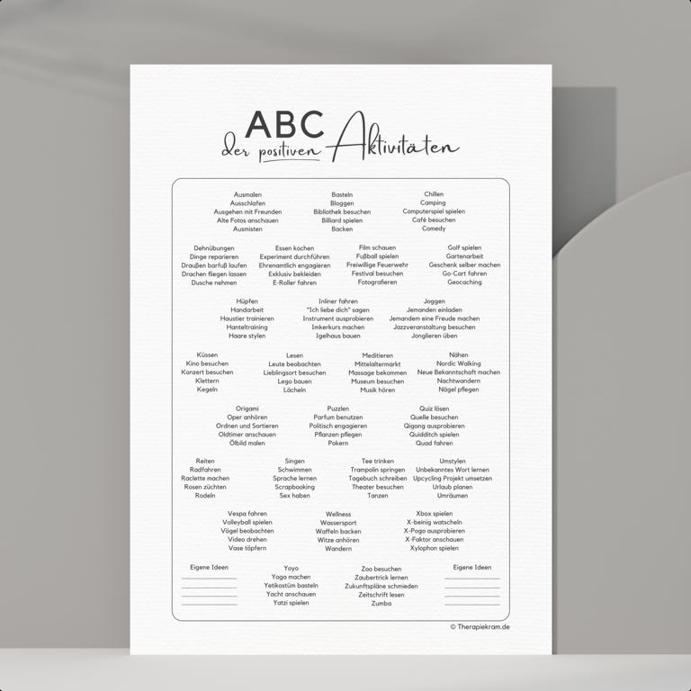 Therapiekram Arbeitsblatt: Liste positiver Aktivitäten. Psychotherapie, Aktivitätsaufbau, Ressourcenarbeit, Verhaltenstherapie. Therapiekram Arbeitsblatt: Liste positiver Aktivitäten. Psychotherapie, Aktivitätsaufbau, Ressourcenarbeit, Verhaltenstherapie.