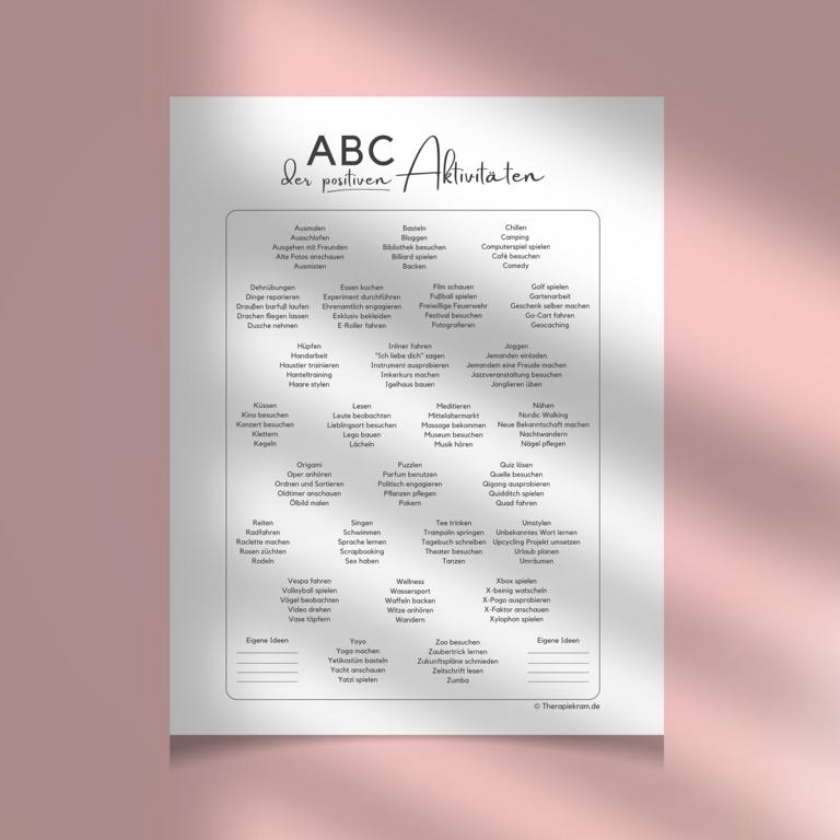 Therapiekram Arbeitsblatt: Liste positiver Aktivitäten. Psychotherapie, Aktivitätsaufbau, Ressourcenarbeit, Verhaltenstherapie. Therapiekram Arbeitsblatt: Liste positiver Aktivitäten. Psychotherapie, Aktivitätsaufbau, Ressourcenarbeit, Verhaltenstherapie.