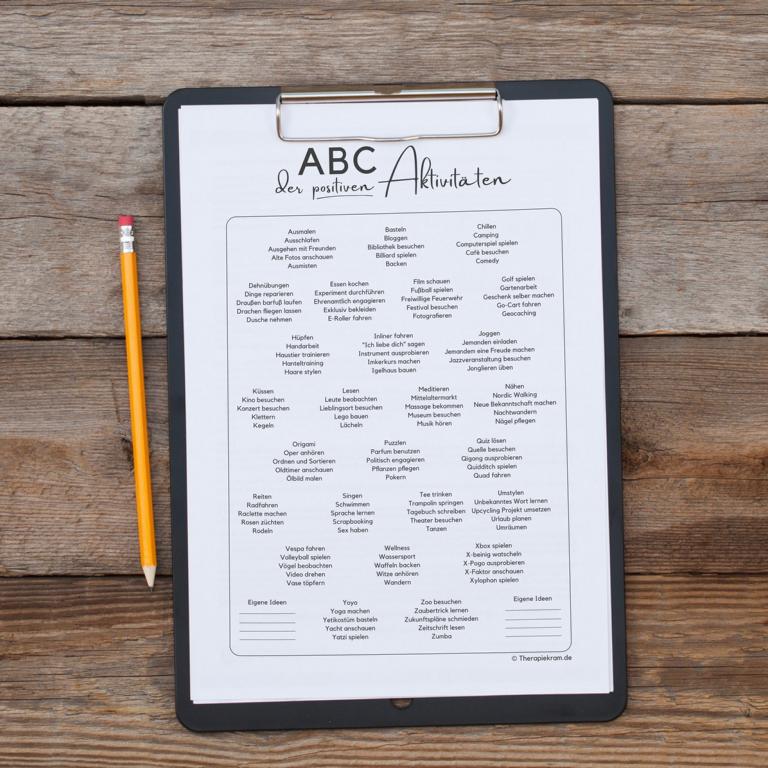 Therapiekram Arbeitsblatt: Liste positiver Aktivitäten. Psychotherapie, Aktivitätsaufbau, Ressourcenarbeit, Verhaltenstherapie. Therapiekram Arbeitsblatt: Liste positiver Aktivitäten. Psychotherapie, Aktivitätsaufbau, Ressourcenarbeit, Verhaltenstherapie.