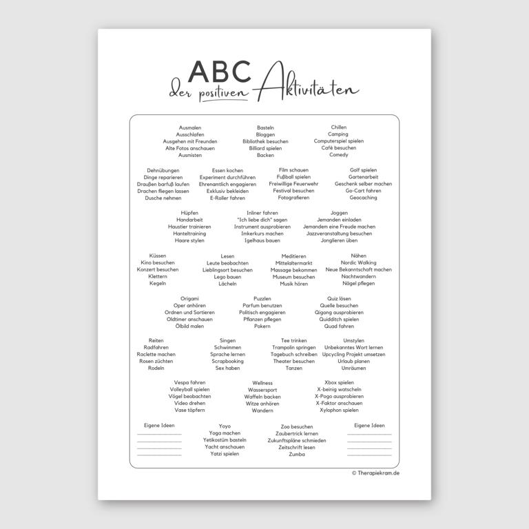 Therapiekram Arbeitsblatt: Liste positiver Aktivitäten. Psychotherapie, Aktivitätsaufbau, Ressourcenarbeit, Verhaltenstherapie. Therapiekram Arbeitsblatt: Liste positiver Aktivitäten. Psychotherapie, Aktivitätsaufbau, Ressourcenarbeit, Verhaltenstherapie.