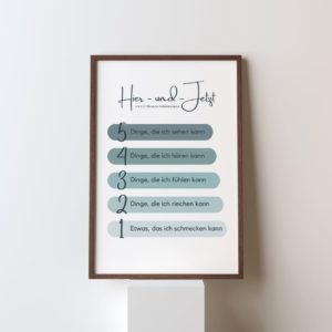 Therapiekram Poster Vorlage 54321 Erdungsübung, Hier-und-Jetzt Übung in Blautönen