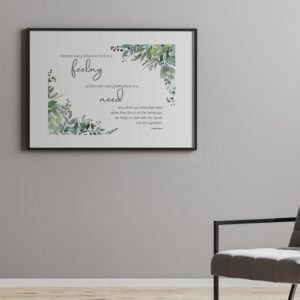 Therapiekram Poster Zitat von Ashleigh Warner: Beneath every behaviour there is a feeling and beneath every feeling there is a need. KJP, Psychotherapie, Bedürfnisse, bedürfnisorientierte Erziehung.