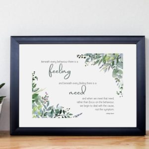 Therapiekram Poster Zitat von Ashleigh Warner: Beneath every behaviour there is a feeling and beneath every feeling there is a need. KJP, Psychotherapie, Bedürfnisse, bedürfnisorientierte Erziehung.