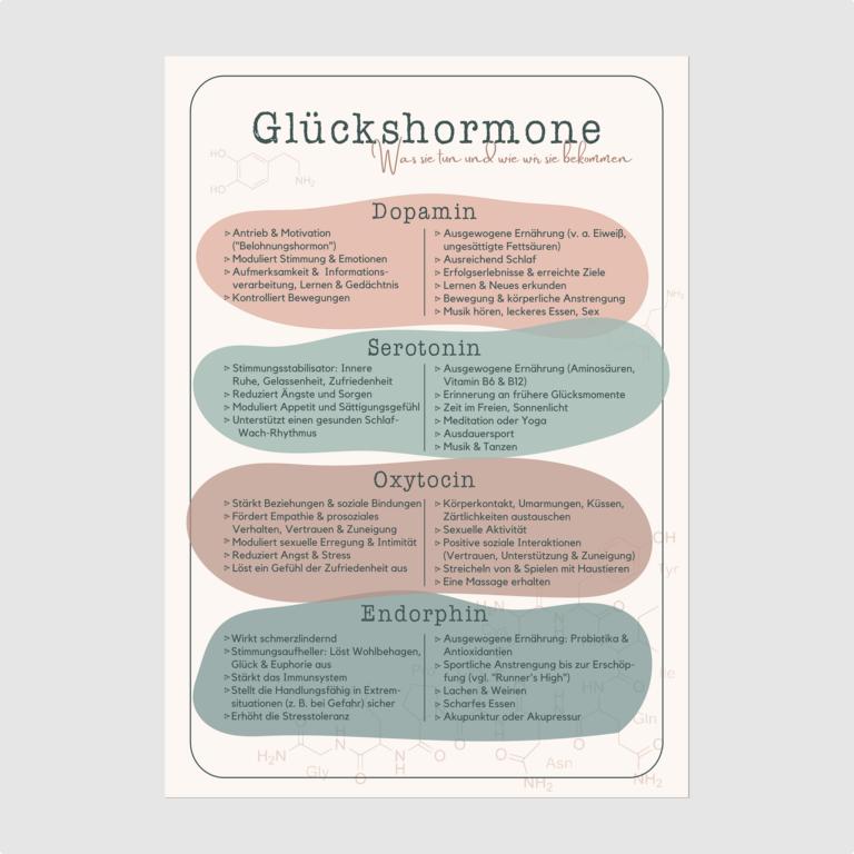 Therapiekram-Poster-Glueckshormone-Neurotransmitter-Serotonin-Oxytocin-Endorphin-Dopamin (1) Therapiekram Poster: Glückshormone. Neurotransmitter Serotonin, Dopamin, Oxytocin, Endorphin. Was sie tun, wie sich ein Mangel auswirkt und wie wir mehr davon ausschütten. Infoblatt.