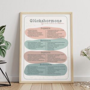 Therapiekram Poster: Glückshormone. Neurotransmitter Serotonin, Dopamin, Oxytocin, Endorphin. Was sie tun, wie sich ein Mangel auswirkt und wie wir mehr davon ausschütten. Infoblatt.