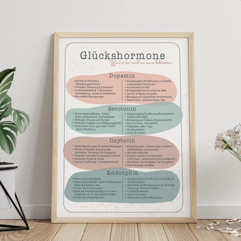 Therapiekram-Poster-Glueckshormone-Neurotransmitter-Serotonin-Oxytocin-Endorphin-Dopamin (3) Therapiekram Poster: Glückshormone. Neurotransmitter Serotonin, Dopamin, Oxytocin, Endorphin. Was sie tun, wie sich ein Mangel auswirkt und wie wir mehr davon ausschütten. Infoblatt.