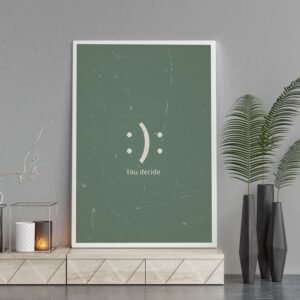 Therapiekram Poster in Salbei Grün mit Smiley, fröhlich oder traurig, je nachdem welche Perspektive man einnimmt. Kognitive Umstrukturierung, ABC-Modell, Psychotherapie, Perspektivwechsel.