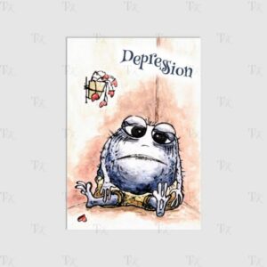 Therapiekram Aquarellmalerei by Gina: Psychische Störungen als kleine, ulkige Monster. Depression, Zwang, Angst und Sucht, Kunstdruck