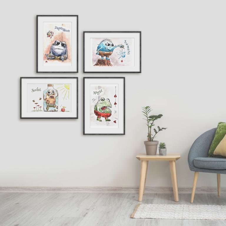 Therapiekram Psychische Störungen Monster Aquarellmalerei Depression Angst Zwang Sucht (2) Therapiekram Aquarellmalerei by Gina: Psychische Störungen als kleine, ulkige Monster. Depression, Zwang, Angst und Sucht, Kunstdruck