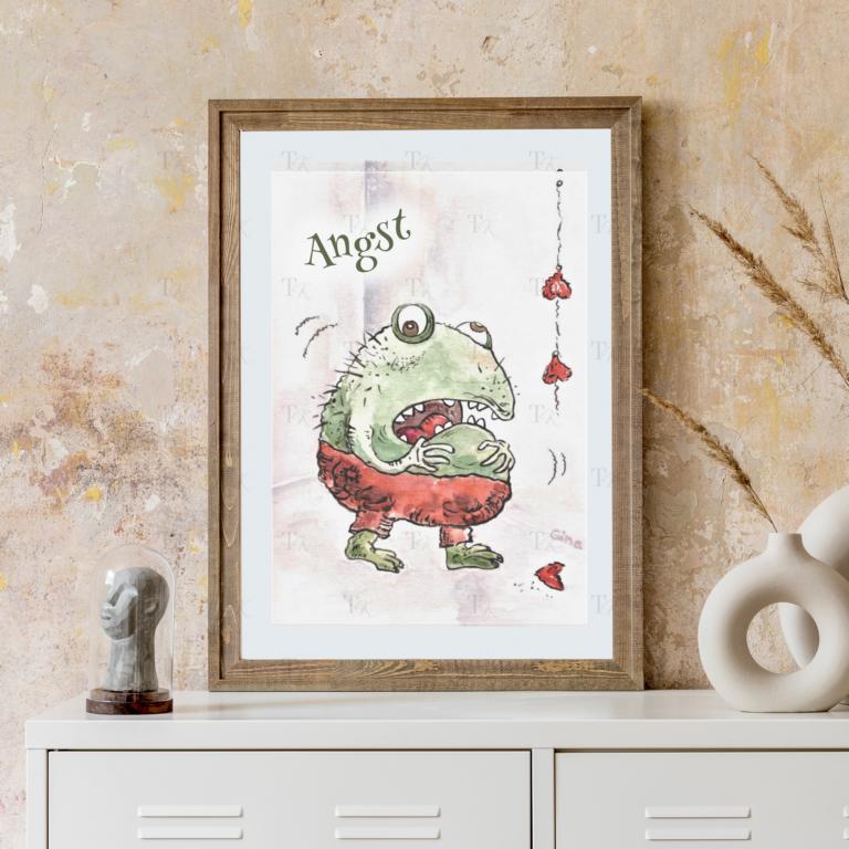 Therapiekram Psychische Störungen Monster Aquarellmalerei Kunstdruck Angst Therapiekram Aquarellmalerei by Gina: Psychische Störungen als kleine, ulkige Monster. Depression, Zwang, Angst und Sucht, Kunstdruck