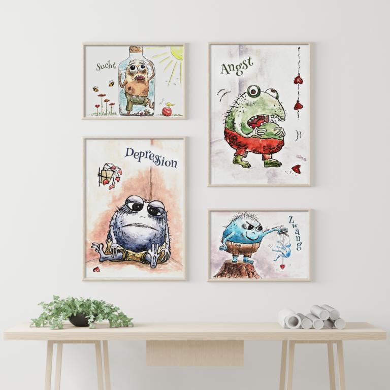 Therapiekram Psychische Störungen Monster Aquarellmalerei Kunstdruck Set Angst, Zwang, Depression, Sucht Therapiekram Aquarellmalerei by Gina: Psychische Störungen als kleine, ulkige Monster. Depression, Zwang, Angst und Sucht.