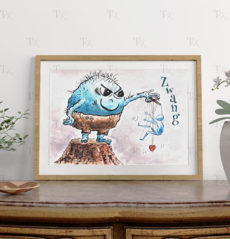 Therapiekram Psychische Störungen Monster Aquarellmalerei Kunstdruck Zwang Therapiekram Aquarellmalerei by Gina: Psychische Störungen als kleine, ulkige Monster. Depression, Zwang, Angst und Sucht, Kunstdruck