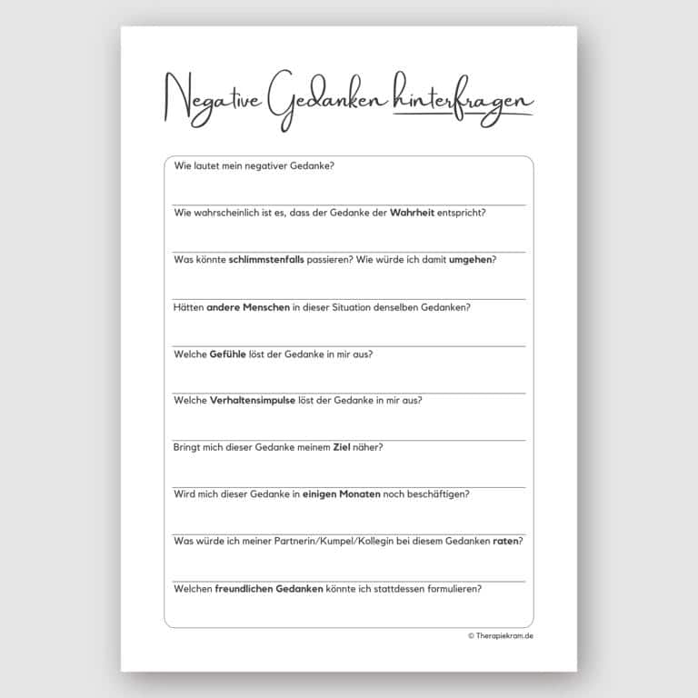 Therapiekram Arbeitsblatt Vorlage Negative Gedanken hinterfragen, kognitive Umstrukturierung, Verhaltenstherapie Therapietools Therapiekram Arbeitsblatt Vorlage Negative Gedanken hinterfragen, kognitive Umstrukturierung, Verhaltenstherapie Therapietools
