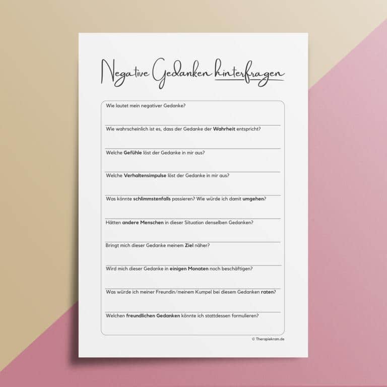 Therapiekram Arbeitsblatt Vorlage Negative Gedanken hinterfragen, kognitive Umstrukturierung, Verhaltenstherapie Therapietools Therapiekram Arbeitsblatt Vorlage Negative Gedanken hinterfragen, kognitive Umstrukturierung, Verhaltenstherapie Therapietools