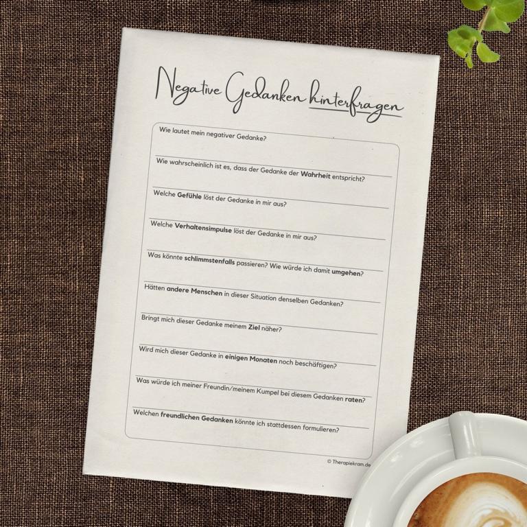 Therapiekram Arbeitsblatt Vorlage Negative Gedanken hinterfragen, kognitive Umstrukturierung, Verhaltenstherapie Therapietools Therapiekram Arbeitsblatt Vorlage Negative Gedanken hinterfragen, kognitive Umstrukturierung, Verhaltenstherapie Therapietools